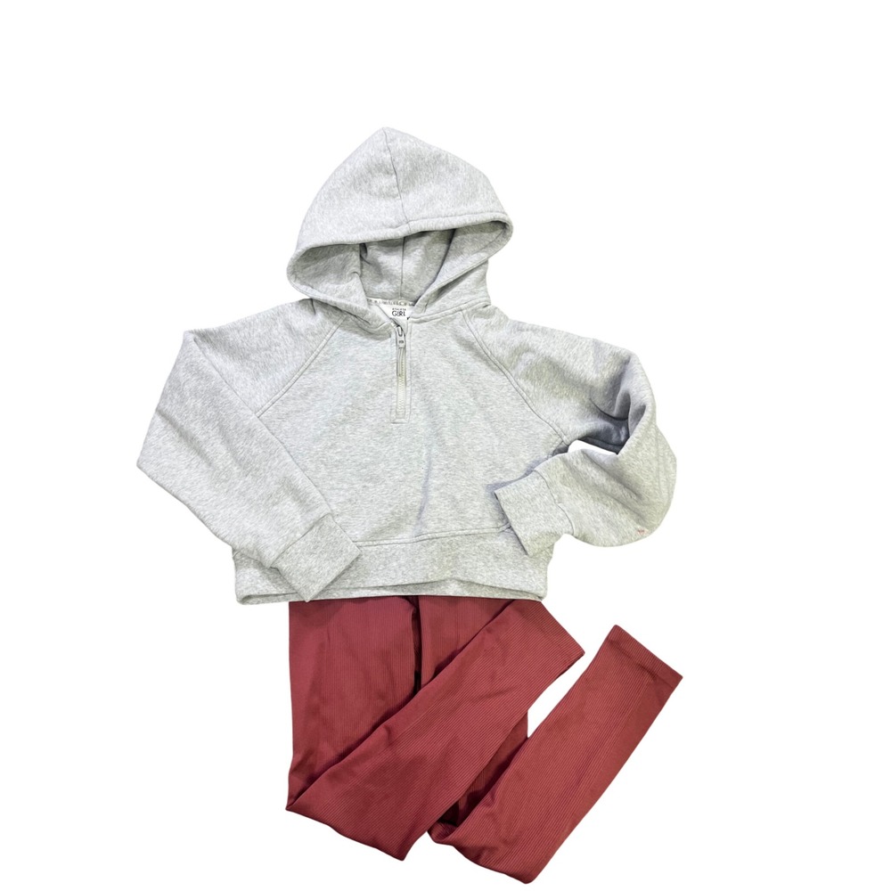 Athleta Girl 2pc Set Heather Grey Half Zip Hoodie & Maroon Ribbed Leggings L 12